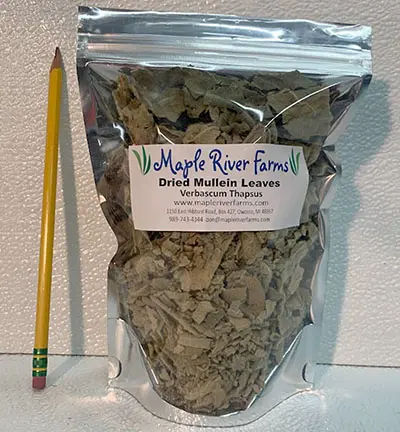 Herbal mullein leaves bag next to pencil